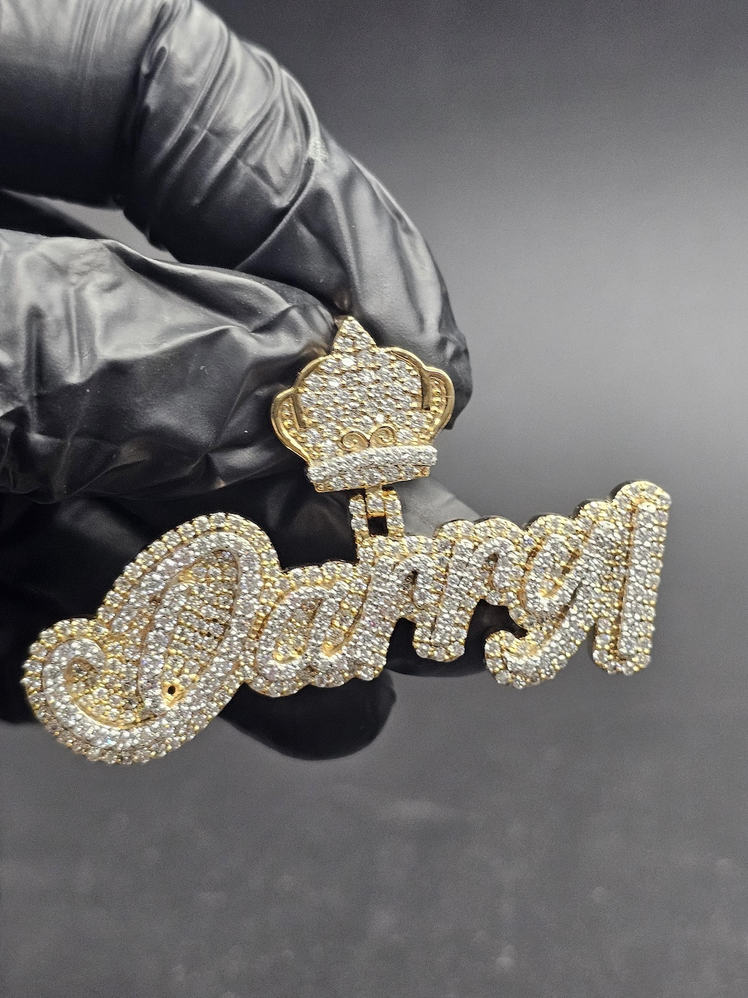 Script Crown Custom Crown Name Pendant Fully Moissanite Iced Out Script, 14K Yellow ...