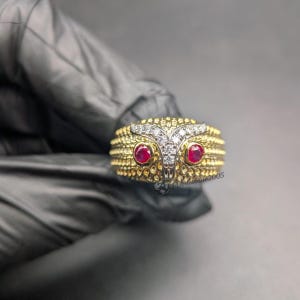 Ruby and Moissanite Owl Head Statement Yellow Gold Plated Gothic Ring Unique Fashion Jewelry