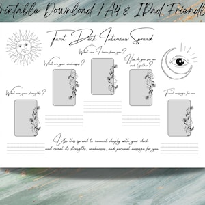 May include: A black and white printable Tarot Deck Interview Spread. The design includes illustrations of a sun, moon, and eye, along with spaces for questions and answers. The text reads "Printable Download | A4 & iPad Friendly."