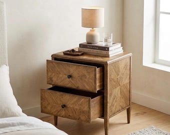 Pair of Rustic Light Oak Nightstands Set of 2 Solid Wood Nightstands, Modern style Bedside Tables with Two Drawers & Shelf