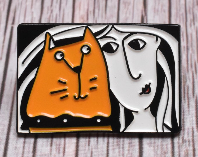 Ginger cat enamel pin badge - 'Marmalady' woman and cat, soft enamel pin badge, lapel pin, cat lover gift