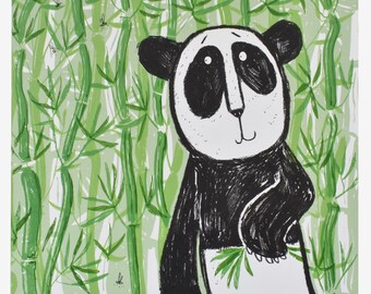 Art original de panda - Sérigraphie d'ours panda en bambou, édition limitée de 20 exemplaires imprimée à la main, décoration d'art mural animal coloré sans cadre