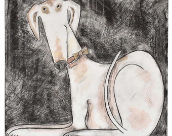 lurcher art, lurcher wall art, lurcher print, lurcher artwork, sitting lurcher, sitting dog art, funny dog art, funny lurcher