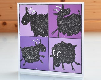 Carte joyeux mouton de montagne gallois, carte de mouton noir, carte de voeux de mouton, carte d'art de mouton, carte de mouton drôle, blanc à l'intérieur, mouton heureux