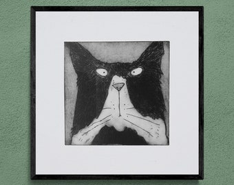 Tom Cat Print - original black and white Tom cat wall art etching unframed
