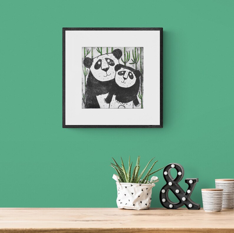 Panda Bear Wall Decor mother and baby panda bear etching art print, original limited edition, nursery children's room, new baby image 3