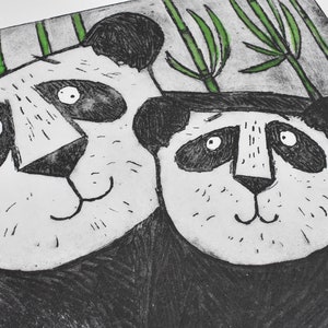 Panda Bear Wall Decor mother and baby panda bear etching art print, original limited edition, nursery children's room, new baby image 4