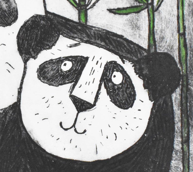 Panda Bear Wall Decor mother and baby panda bear etching art print, original limited edition, nursery children's room, new baby image 5