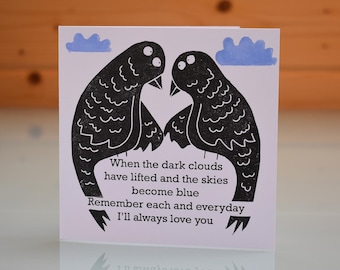 When darks clouds have lifted - black birds lover Valentine greeting card animal I love you card bird Valentines Day funny fun humourous
