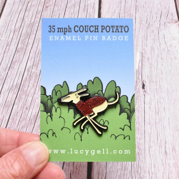 Dog enamel pin - running whippet / greyhound / lurcher lapel pin badge dog lover gift. 35mph couch potato