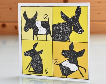 Black Saddleback Pig Card, pig card, pig greeting card, cheerful pig card, pig art card, blank inside card, funny pig card. yellow card