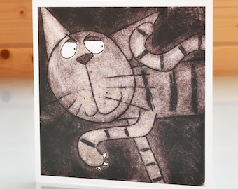 Op jacht - kattenkaart, kaart blanco binnenkant, kattenwenskaart, gestreepte kat verjaardagskaart, kattenliefhebberkaart, kaart grappige katten, kaart brutale kat
