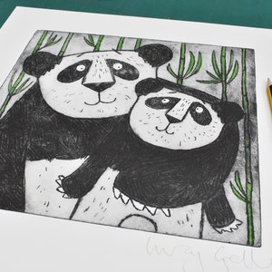 Panda Bear Wall Decor mother and baby panda bear etching art print, original limited edition, nursery children's room, new baby image 7
