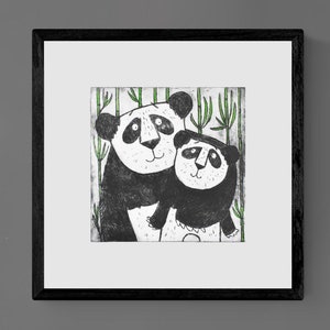 Panda Bear Wall Decor mother and baby panda bear etching art print, original limited edition, nursery children's room, new baby image 2