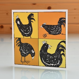 Grande carte de coquelets noirs, carte intérieure vierge, carte de poulet, carte de voeux de poulet, carte d'art de poulet, carte de poulet drôle, carte d'animal de ferme
