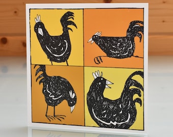 Big Black Cockerels Card, blank inside card, chicken card, chicken greeting card, chicken art card, funny chicken card, farm animal card