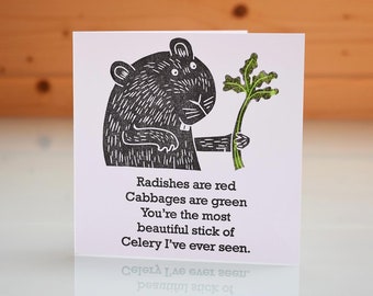 Guinea Pig Valentine Card - hand printed Valentines day, 'Radishes Are Red' love card, romantic card, guinea pig lover greeting card