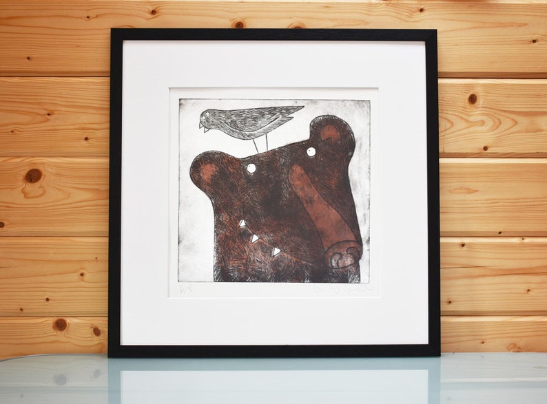 Bear & Bird Wall Art Print 'To Bear It All', brown bear and blackbird wall decor, original limited edition acid plate etching image 2