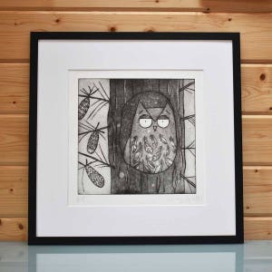 Within The Pines - Owl etching print, owl art, owl picture, owl wall hanging, pine tree cones, original limited edition unframed