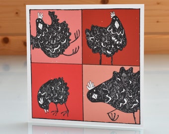 Fluffy Black Orpingtons Card, chicken card, hen card, orpington hen, black hen art card, black chicken greeting card, blank inside card, red