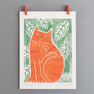 Ginge - ginger cat art print, animal art, orange cat mono print, hand printed cat print, cat art, ginger cat art, ginger cat wall art.