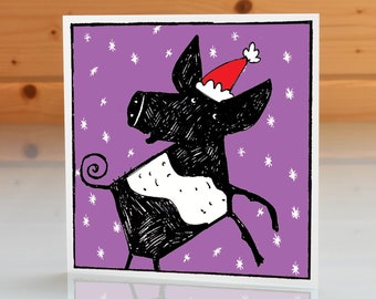 Pig Christmas Card - Happy pig Xmas card. Blank inside greeting card for the pig lover /pig owner / farmer