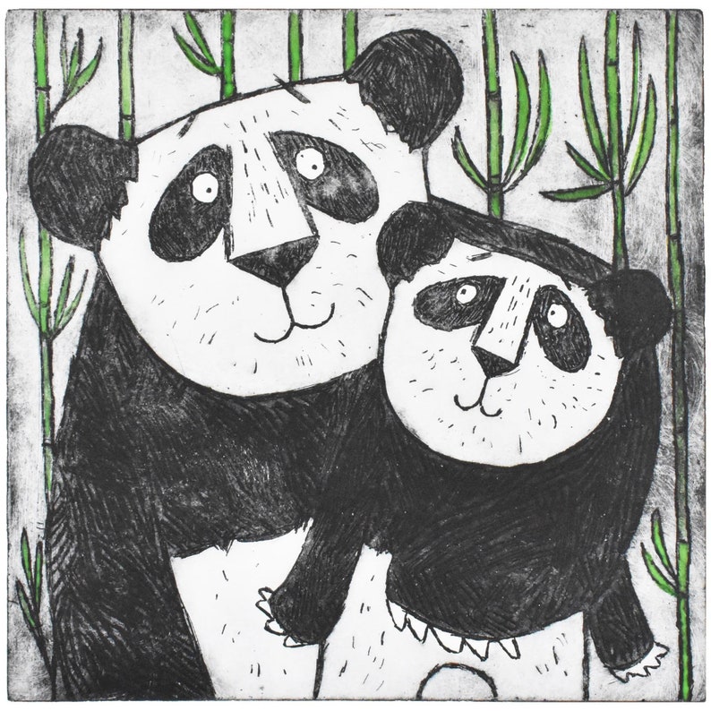 Panda Bear Wall Decor mother and baby panda bear etching art print, original limited edition, nursery children's room, new baby image 1