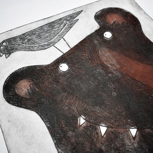 Bear & Bird Wall Art Print 'To Bear It All', brown bear and blackbird wall decor, original limited edition acid plate etching image 7