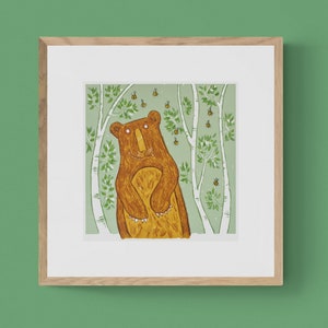 The Bear & The Bees Wall Art Print handgedruckter Siebdruck in limitierter Auflage, lustige Bären und Bienen-Wanddekoration, ungerahmt Bild 1