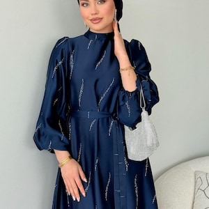 Modest Satin Evening Dress, Maxi Elengance Dress with Belt and Zipper, Simple  Modest Wedding Dress ,islamic clothe ,Modest Dressing