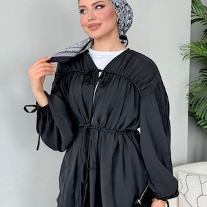 Modest Two Piece Set for Muslim Women,Lightweight and Non See Through ,Waist-Tied Top and Elastic Pants,Daily Hijab Fashion For Summer