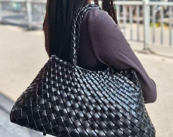 Handgewebte italienische Einkaufstasche aus Rindsleder, echte Schultertasche, Geschenk für Sie