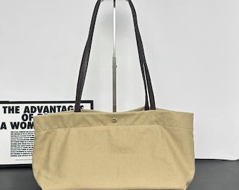 Sac cabas en toile avec anses en cuir noir - Sac bandoulière minimaliste pour tous les jours, sac pour femme