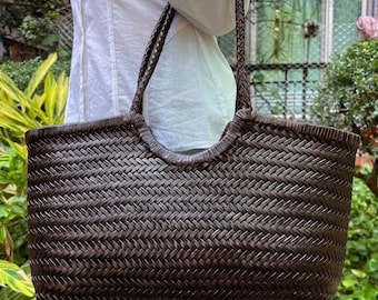 Handwoven First-layer Cowhide Leather Bucket Bag, Woven Tote Bag, Gift for Her