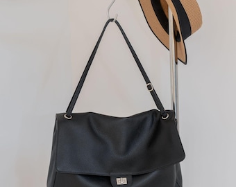 Slouchy Leather Shoulder Bag, Genuine Cowhide Leather Handbag with Silver Turn Lock