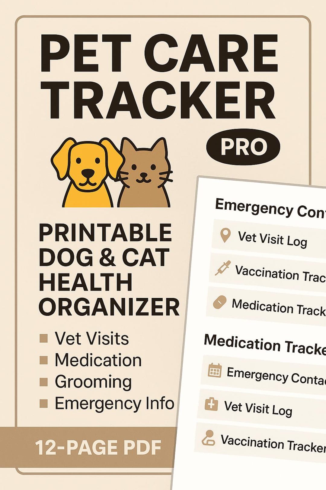 Pet Care Tracker PRO | Printable Dog & Cat Health Organizer | Vet ...