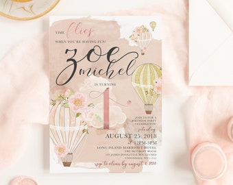 Hot Air Balloon Birthday Invitation, Time Flies Invite, Watercolor Birthday Party Invitation for Little Ladies