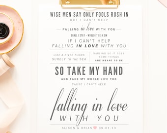 Canción de Elvis Presley "Can't Help Falling in Love" - San Valentín, regalo de boda, regalo de aniversario en papel, letra de la canción del primer baile