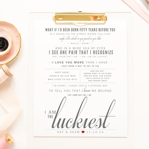 Huwelijkscadeau, lichtgrijs en karmozijnrood, Ben Folds &quot;The Luckiest&quot; - Valentijnsdag, huwelijkscadeau, papieren jubileumcadeau, songteksten, kunstprint