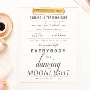 Canción de Toploader "Dancing In The Moonlight" - Idea de regalo de boda, regalo de aniversario de papel, letras de canciones de boda de primer baile Wall Art Print