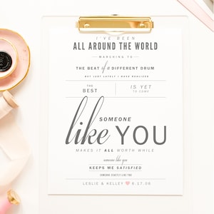 Van Morrison "Alguien como tú" - Gris y rubor - San Valentín, regalo de boda, regalo de aniversario de papel, letras de canciones de primer baile, Lámina artística