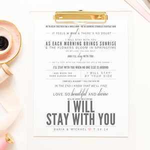 Canción de John Legend - Me quedaré contigo - Regalo de San Valentín, Regalo de boda, Regalo de aniversario de papel, Letras de canciones de primer baile, Lámina artística