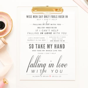 Elvis Presley Song &quot;Can&#39;t Help Falling in Love&quot; - Valentine&#39;s Day, Wedding Gift Idea, Paper Anniversary Gift, First Dance Song Lyrics