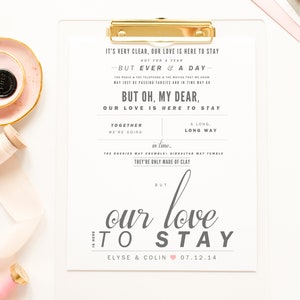 Regalo de boda, Sinatra / Fitzgerald "Nuestro amor está aquí para quedarse" - Regalo de San Valentín y boda, Aniversario de papel, Letras de canciones Impresión de arte de pared