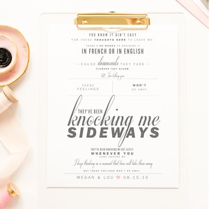 Canción de Citizen Cope "Sideways" - Idea de regalo de boda, regalo de San Valentín, regalo de aniversario de papel, letra de la canción de primer baile, Lámina artística