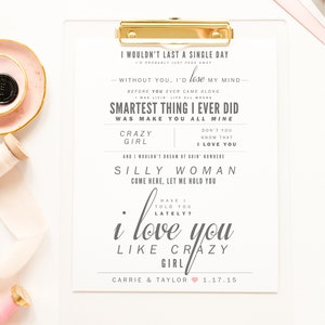 Regalo de bodas, Eli Young Band "Crazy Girl" - Gris y rubor - San Valentín, Regalo de bodas, Regalo de aniversario de papel, Letras de canciones, Impresión de arte