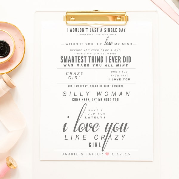 Wedding Gift, Eli Young Band "Crazy Girl" - Grey and Blush - Valentine's, Wedding Gift, Paper Anniversary Gift, Song Lyrics, Art Print