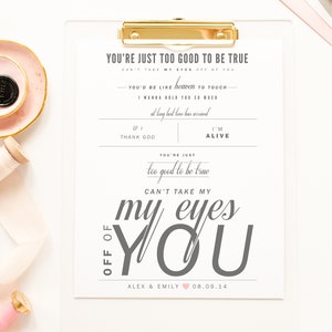 Regalo de bodas, Frankie Valli "No puedo quitarte los ojos de encima" - Regalo del día de San Valentín, Regalo de bodas, Aniversario de papel, Letras de canciones, Impresión de arte