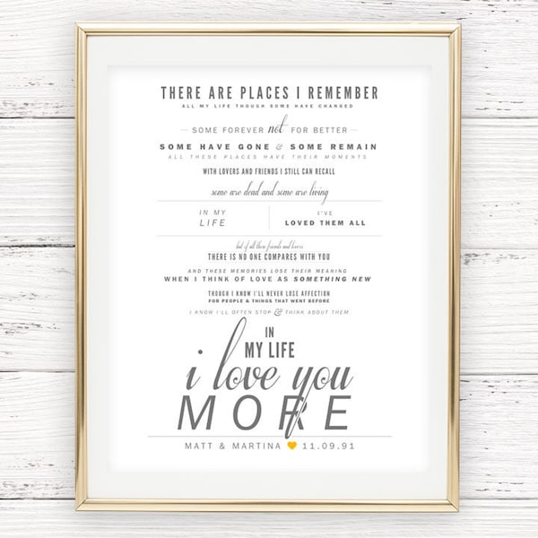 Wedding Gift for Him, Wedding Gift for Her, Paper Anniversary Gift, Valentine's Day Gift - Song Lyrics - Beatles - In My Life - Beatles Fan