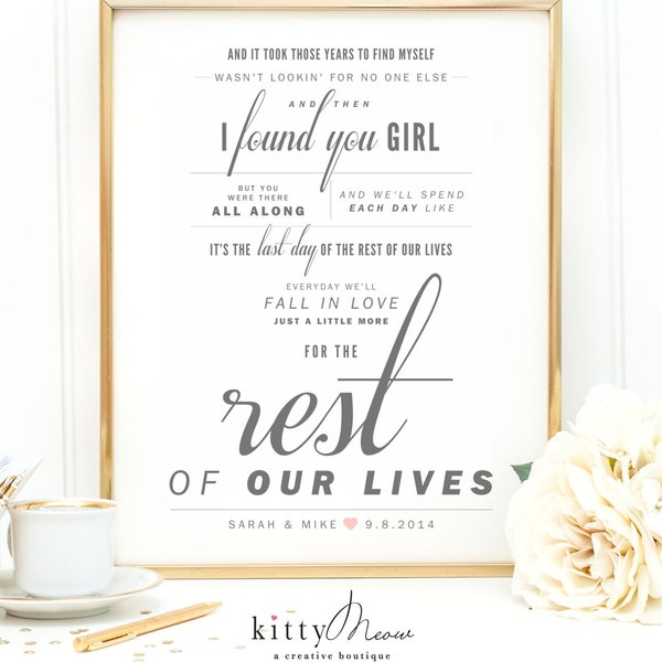 Wedding Gift Idea, Mike Ness - Rest of Our Lives - Valentine's, Wedding Gift, Paper Anniversary Gift, First Dance Song Lyrics, Art Print